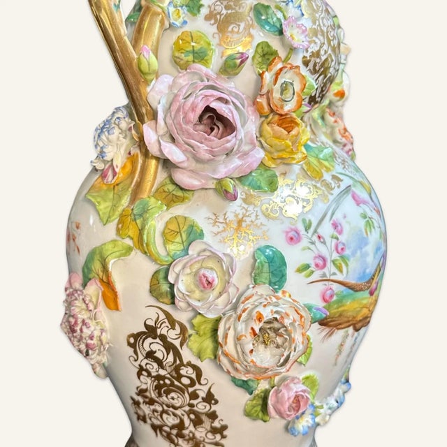 Pair of Mid 19th Century Rockingham Porcelain Vases With Applied Floral Decoration and Gilt Accents For Sale - Image 4 of 8