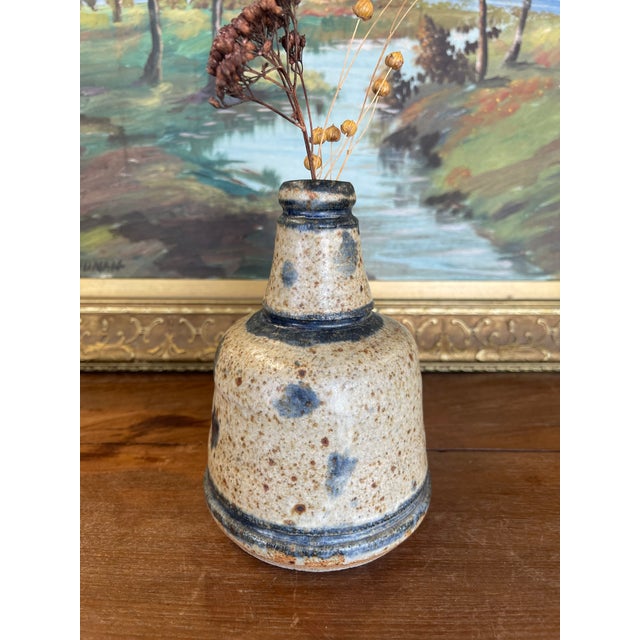 Ceramic Signed Vintage Studio Pottery Vase by Matay, Hand Thrown Stoneware With Speckled Glaze and Cobalt Brush Accents. For Sale - Image 7 of 10