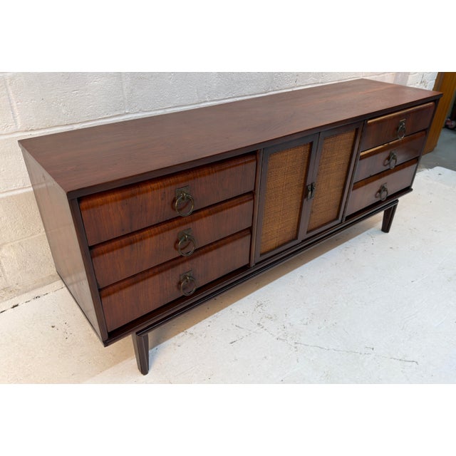 Mid 20th Century Mid-Century Modern Walnut and Cane Nine Drawer Dresser For Sale - Image 5 of 16