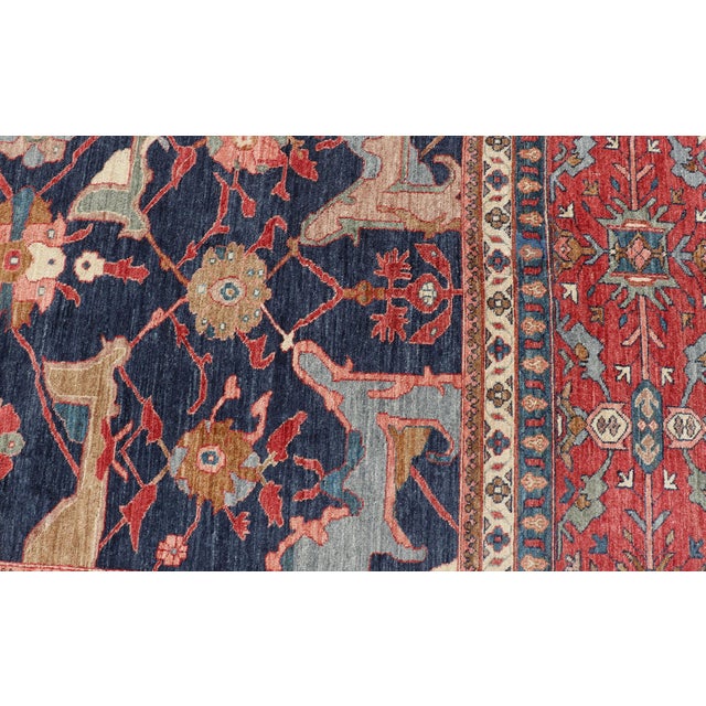 Textile Large Persian Bidjar Rug With Navy Field and Red Border Floral Design For Sale - Image 7 of 16