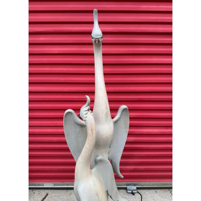 Art Deco 62” Ft Vintage Brass and Carved Solid Wood Herons Cranes Birds Sculpture Manner of Sarried For Sale - Image 3 of 12