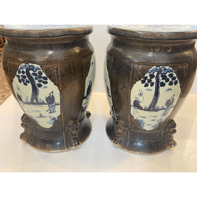 Chinoiserie Pair Antique Chinese Brown Glaze With Blue & Withe Decor Garden Stools For Sale - Image 3 of 16