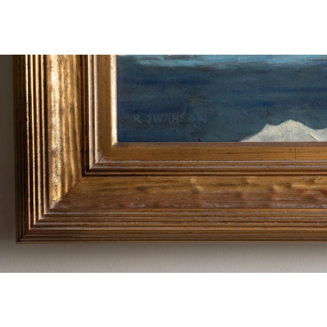 Abstract Vintage Artist Ray Swanson Framed Oil Painting Mountain Over Blue Lake, 1937-2004 For Sale - Image 3 of 10