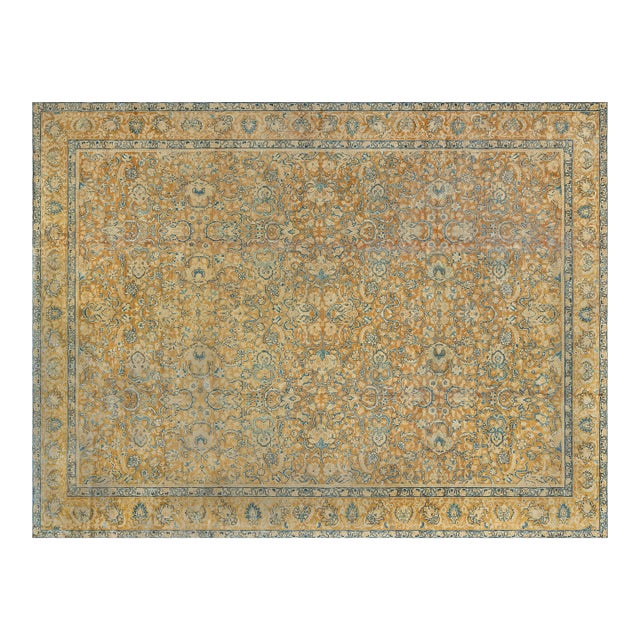 Antique Persian Tabriz Yellow, Blue Handmade Wool Rug For Sale