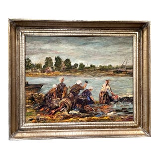 Vintage Framed Original Impressionist Painting of Women at the River For Sale