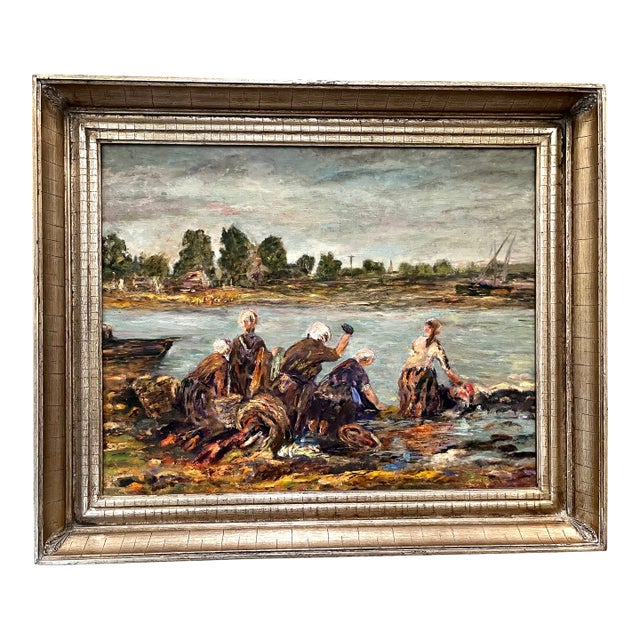 Vintage Framed Original Impressionist Painting of Women at the River For Sale