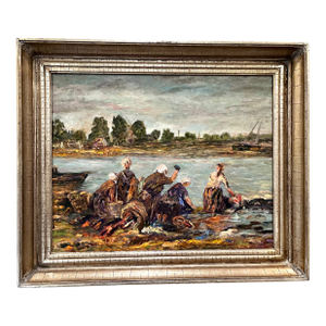 Vintage Framed Original Impressionist Painting of Women at the River