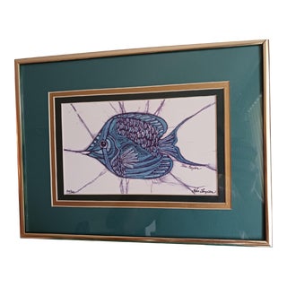 Kae Taylor Turquoise Batik Fish Print, Very Nice Frame #2 For Sale