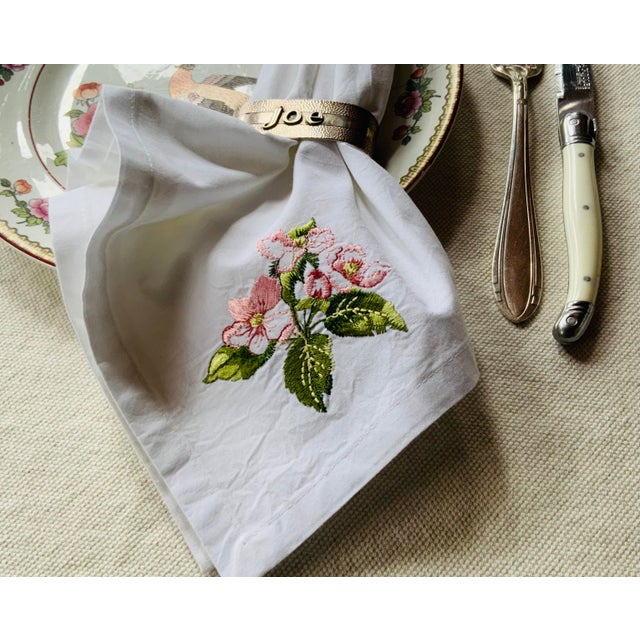 French Cherry Blossom Embroidered Cotton Percale Dinner Napkins | Paris Flea Market Find - Set of Four For Sale - Image 11 of 18