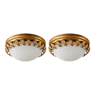 Pair of Hollywood Regency Gilt Acanthus Leaf & Frosted Glass Flush Mounts For Sale
