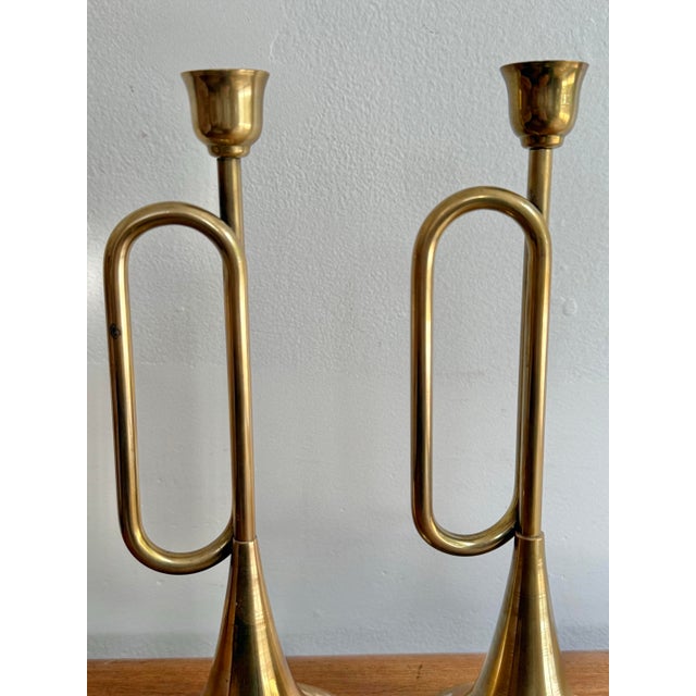 Brass Trumpet Candlestick Holder Pair For Sale - Image 6 of 7