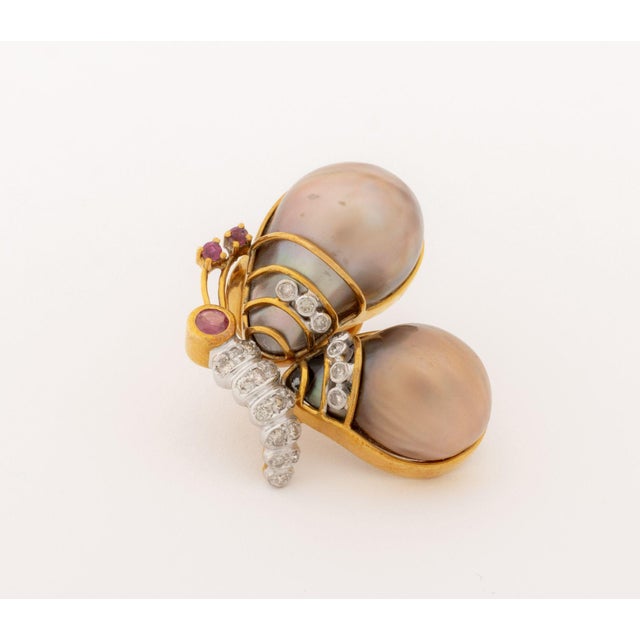 Late 20th Century 18k Rose Gold Diamond, Ruby, and Pearl Butterfly-Form Earrings For Sale - Image 5 of 9