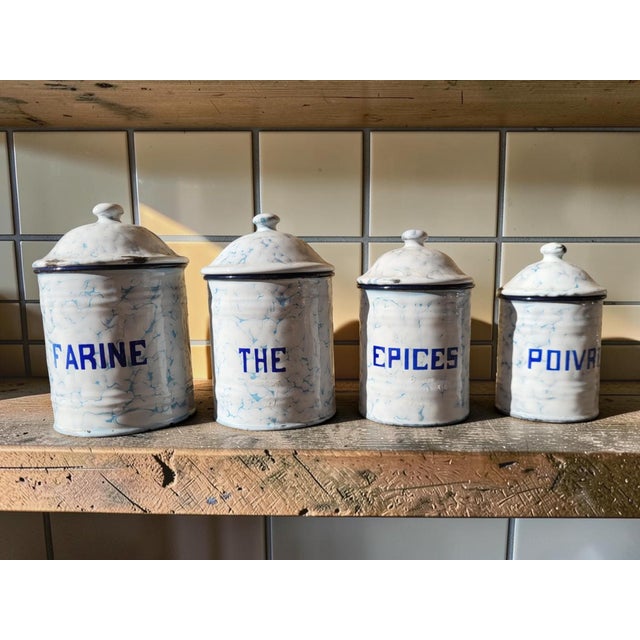 Mid-Century Modern Enameled Sheet Metal Spice Jars, 1940s, Set of 6 For Sale - Image 3 of 10