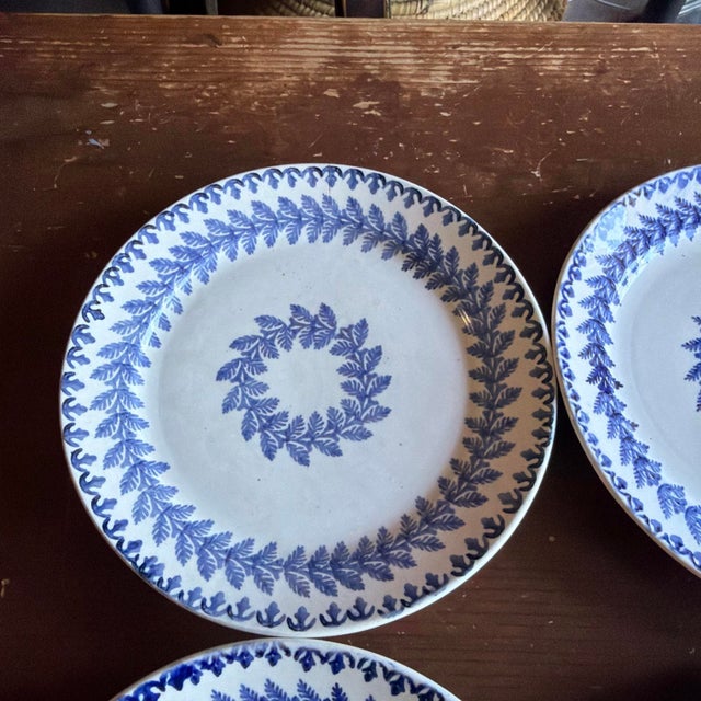 Set of 6 Antique Blue Stick Spatter Fern Plates, 8", Late 19th Century For Sale - Image 15 of 18