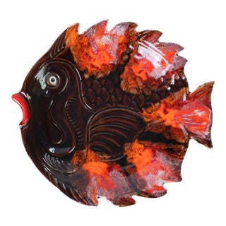 Mid 20th Century Vallauris French Pottery Fish Platter in Orange and Brown Glaze For Sale