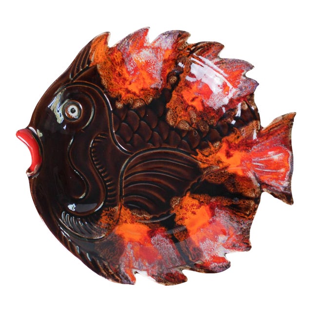 Mid 20th Century Vallauris French Pottery Fish Platter in Orange and Brown Glaze For Sale