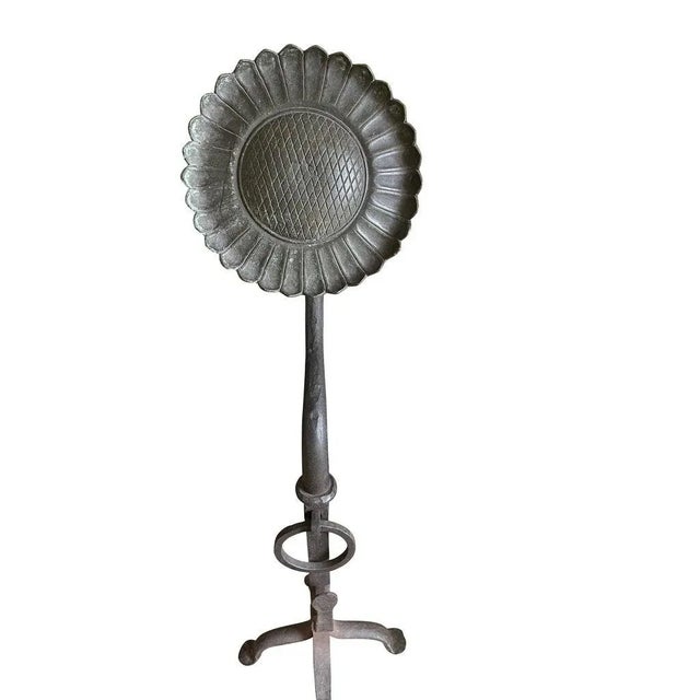 20th Century Oversized Hand Forged Black Wrought Iron Sunflower Andirons - A Pair For Sale - Image 4 of 10