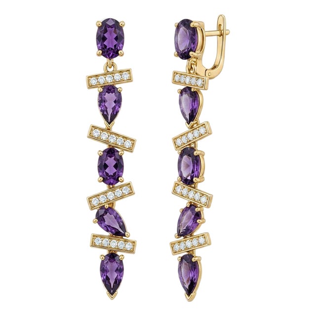 Modern Geometric Amethysts Drop Earrings, Silver, Gold, Pair For Sale