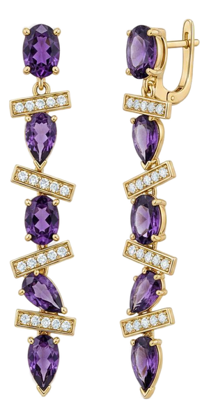 Modern Geometric Amethysts Drop Earrings, Silver, Gold, Pair