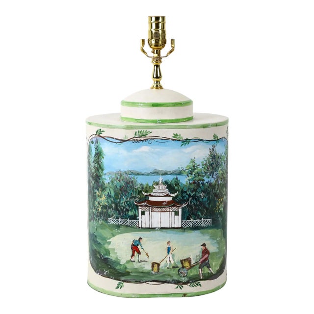 Mid-20th Century Chinese-Style Hand-Painted Ceramic Tea Canister Table Lamps - a Pair For Sale - Image 10 of 13