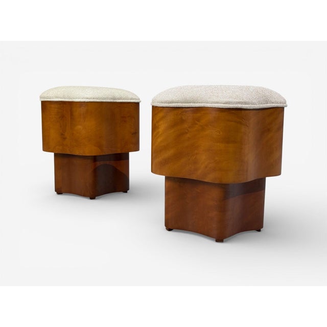 Art Deco Style, Star Motif Footstools, Burlwood, Beige Linen, 21st C. For Sale - Image 4 of 10