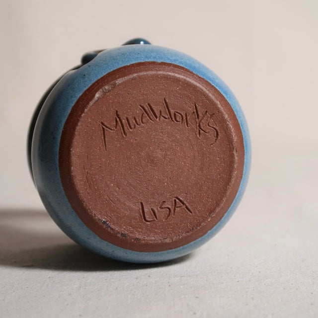 Handmade in Pennsylvania MudWorks Pottery Blue Stoneware Candle Holder With Sad Face For Sale - Image 11 of 11