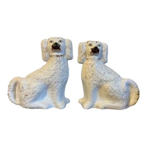Antique 19th Century English Staffordshire Pottery Spaniel Dogs - a Pair