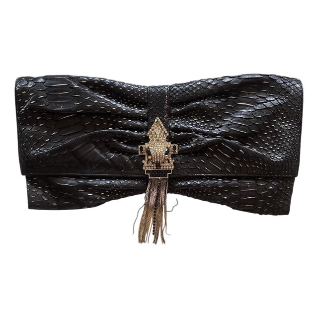 2020s Judith Leiber SnakeSkin Crystal Black Day Evening Shoulder Clutch Bag For Sale