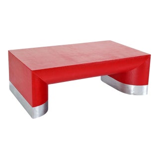 Large Rectangle Grass Cloth Mid Century Modern Coffee Table in Fire Red For Sale