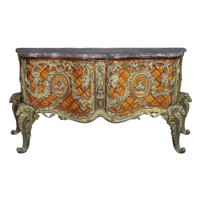 1920s Monumental Grand Inlaid Bronze Mounted French Louis XV Style Marble Top Commode For Sale