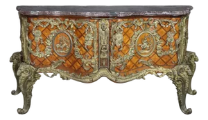 1920s Monumental Grand Inlaid Bronze Mounted French Louis XV Style Marble Top Commode