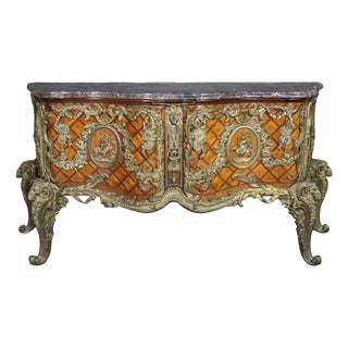 Monumental Grand Inlaid Bronze Mounted French Louis XV Style Marble Top Commode For Sale