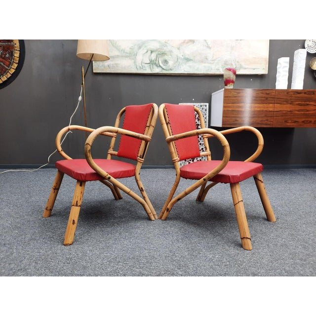 Red Mid-Century Bamboo Seating Set, 1950s, Set of 3 For Sale - Image 8 of 16