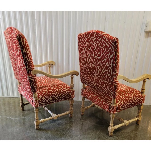Wood Pair of French Louis XIII Style Bleached Oak Armchairs in Red Cut Velvet For Sale - Image 7 of 11