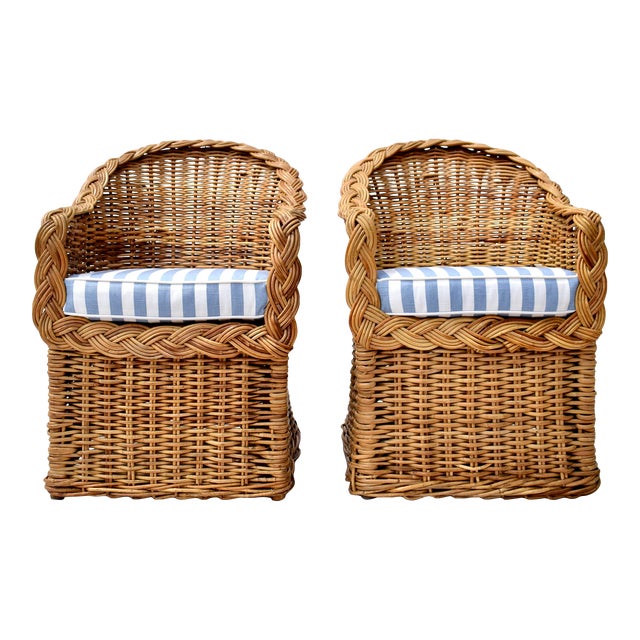 Michael Taylor Wicker Rattan Arm Chairs, Pair Chairish