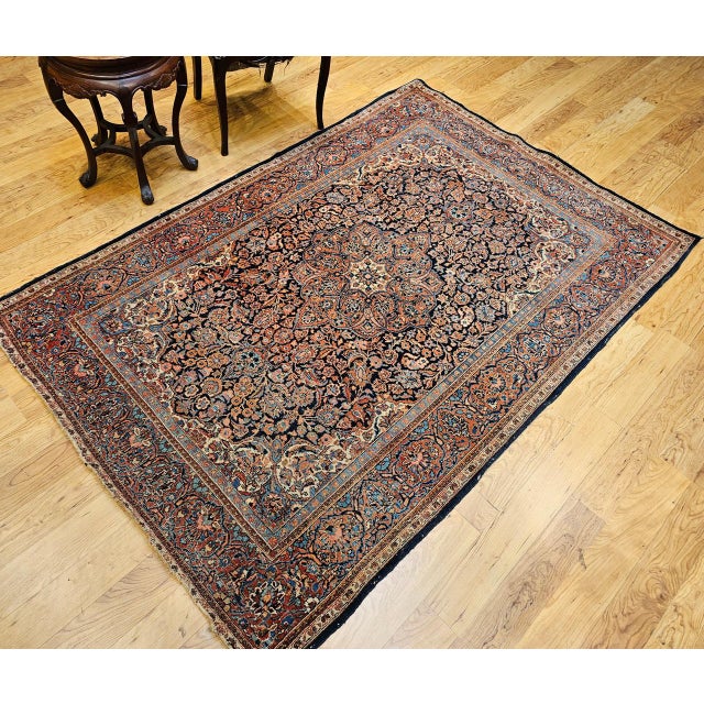 Textile Vintage Persian Kashan Rug, Hand-Knotted Wool, Floral Pattern, Navy & Blue, 5x7 For Sale - Image 7 of 17