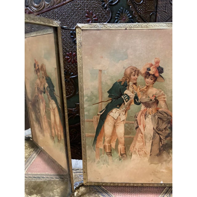 French Antique Triptych Standing Mirror in Chiseled Brass — Three-Panel, Circa 1900 For Sale - Image 3 of 17