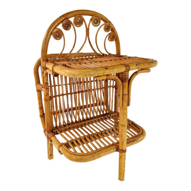 Vintage Victorian Style Bamboo Rattan Side Table With Magazine Rack For Sale