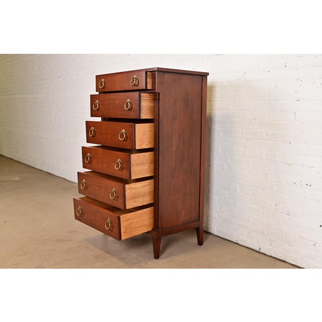 1960s Baker Furniture French Regency Louis XVI Cherry Wood Highboy Dresser or Lingerie Chest, Newly Refinished For Sale In South Bend - Image 6 of 13