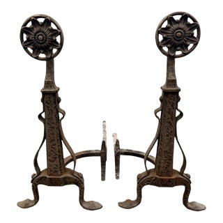 Antique Arts & Crafts Bradley & Hubbard Floral Medallion Cast Iron Andirons – Pair (C. 1890–1920) For Sale