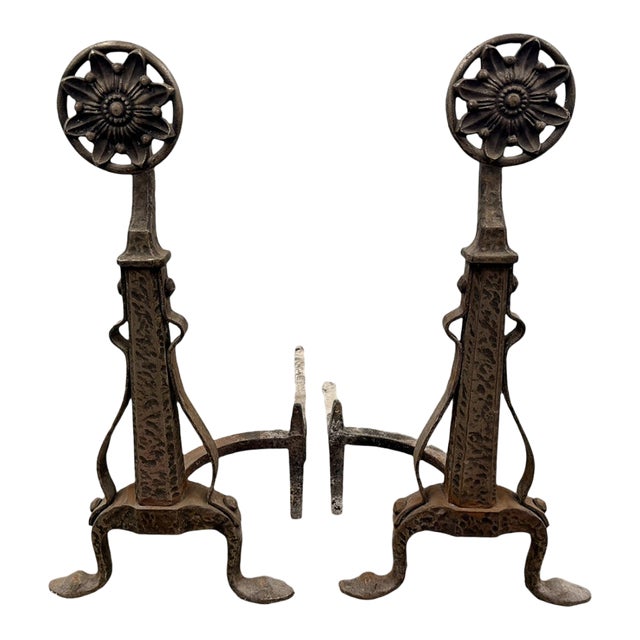 Antique Arts & Crafts Bradley & Hubbard Floral Medallion Cast Iron Andirons – Pair (C. 1890–1920) For Sale