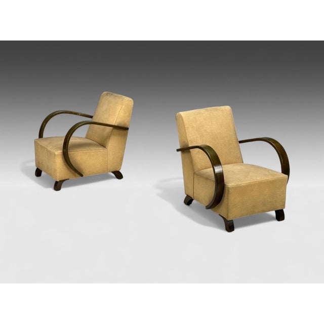 Vittorio Valabrega, Beige Velvet, Bentwood, Lounge Chairs, Italy, 1940s Pair of rare armchairs designed and produced by...