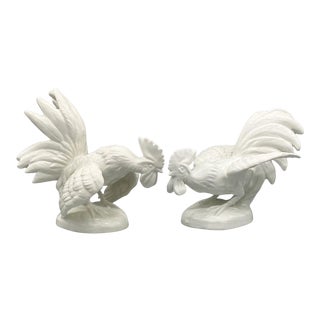 20th Century White Italian Ceramic Fighting Cocks/ Roosters Figurines For Sale