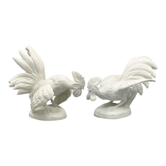 20th Century White Italian Ceramic Fighting Cocks/ Roosters Figurines For Sale