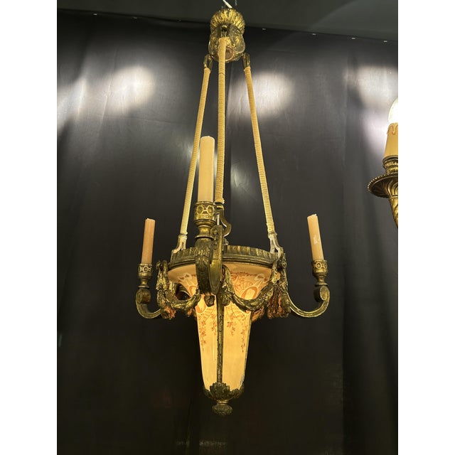 Antique Pendant Light in Gilt Bronze and Painted Glass, 1890s For Sale - Image 6 of 8