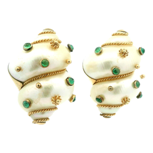 Maz 14k Gold Turbo Shell and Emerald Modernist Earrings, c.1970s, A Pair