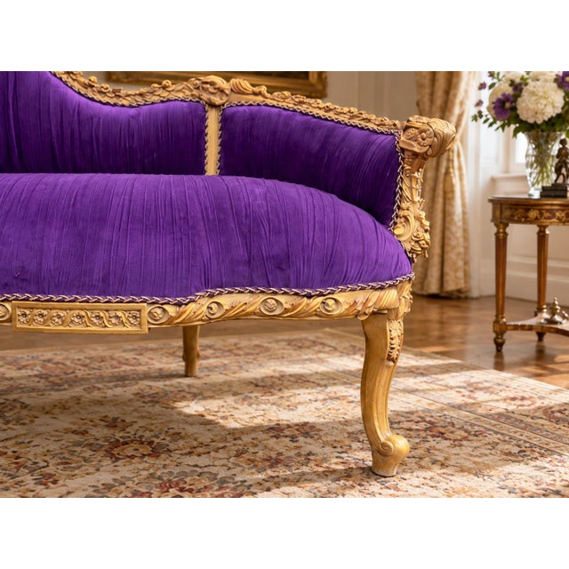 Late20C Artisan Louis XVI Gold Purple Beech Settee For Sale - Image 6 of 10