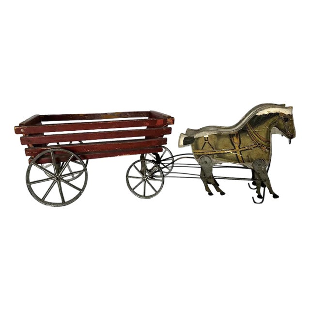 Antique Gibbs Toy Horses & Wagon: Litho Pacers, Red Wagon, c. 1908 For Sale