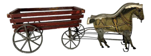 Antique Gibbs Toy Horses & Wagon: Litho Pacers, Red Wagon, c. 1908