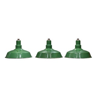 Vintage 18" Enameled Porcelain Green Industrial Pendant Lights c.1930-Set of 3 For Sale